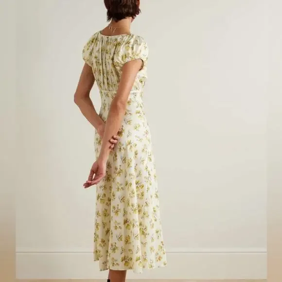 Doen Florencia Silk Short Puff Sleeve Midi Dress Yellow Gold Frolicking Floral